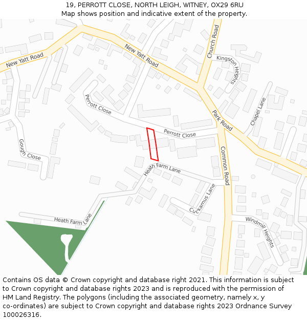 19, PERROTT CLOSE, NORTH LEIGH, WITNEY, OX29 6RU: Location map and indicative extent of plot