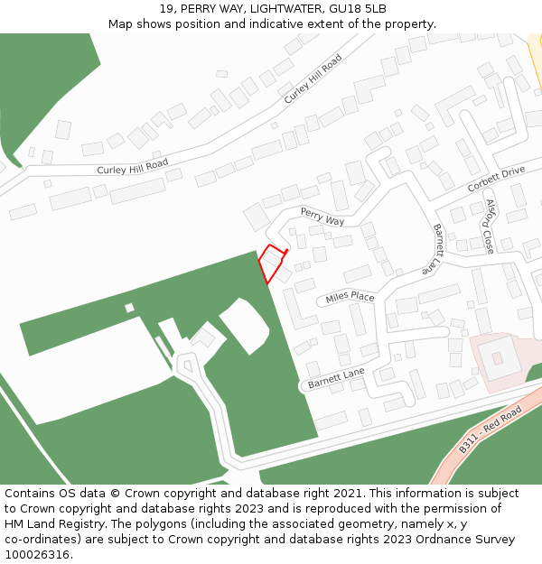 19, PERRY WAY, LIGHTWATER, GU18 5LB: Location map and indicative extent of plot