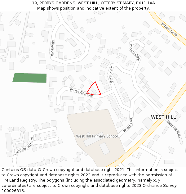 19, PERRYS GARDENS, WEST HILL, OTTERY ST MARY, EX11 1XA: Location map and indicative extent of plot