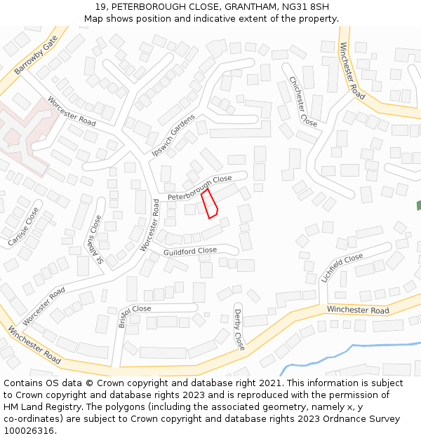 19, PETERBOROUGH CLOSE, GRANTHAM, NG31 8SH: Location map and indicative extent of plot