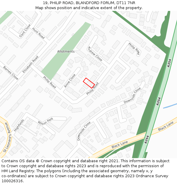 19, PHILIP ROAD, BLANDFORD FORUM, DT11 7NR: Location map and indicative extent of plot