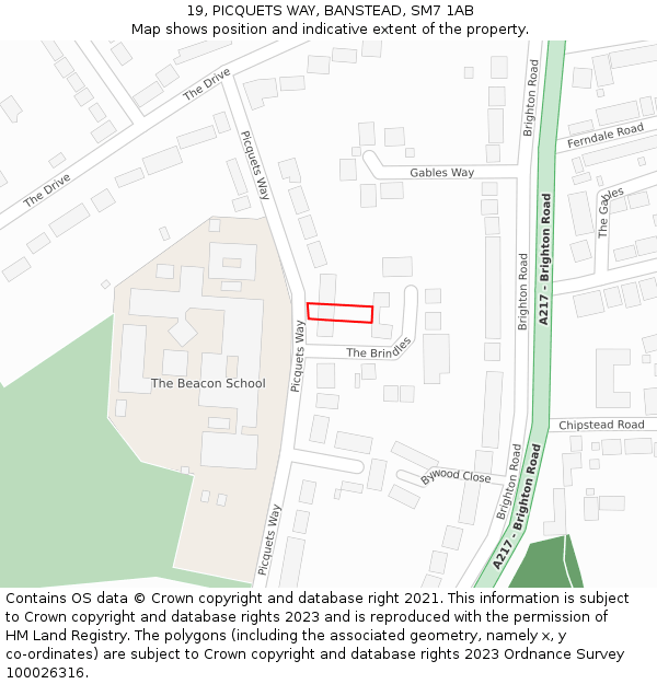 19, PICQUETS WAY, BANSTEAD, SM7 1AB: Location map and indicative extent of plot