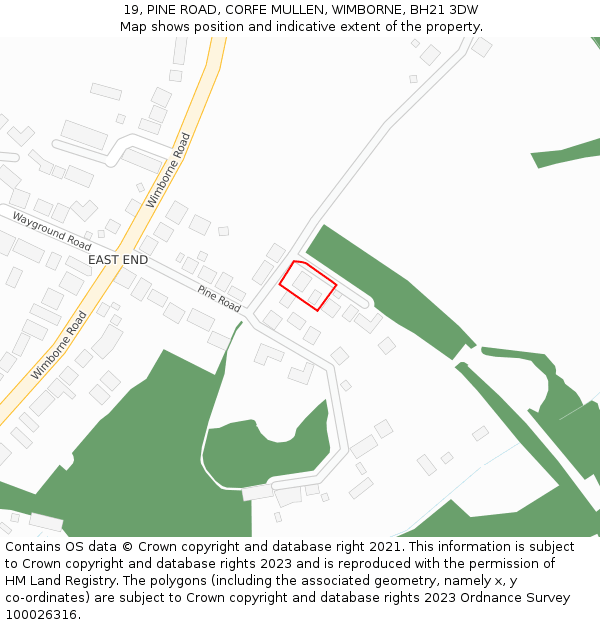 19, PINE ROAD, CORFE MULLEN, WIMBORNE, BH21 3DW: Location map and indicative extent of plot