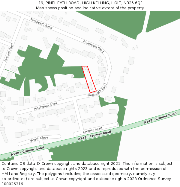 19, PINEHEATH ROAD, HIGH KELLING, HOLT, NR25 6QF: Location map and indicative extent of plot