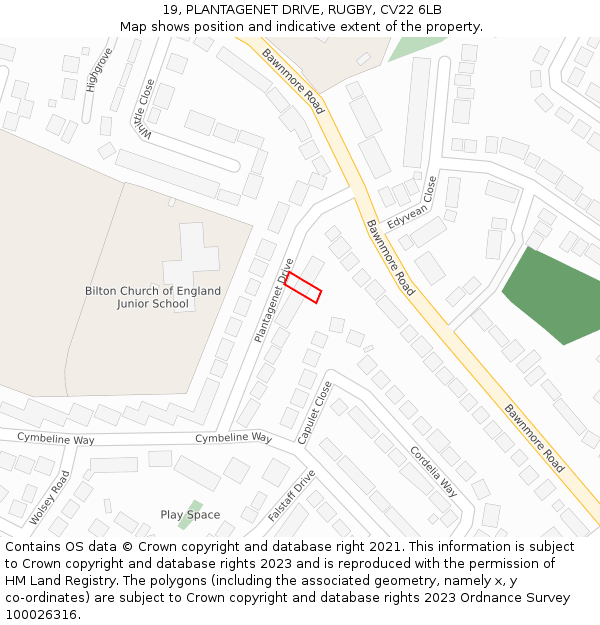 19, PLANTAGENET DRIVE, RUGBY, CV22 6LB: Location map and indicative extent of plot