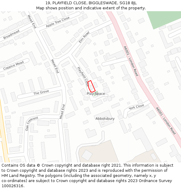 19, PLAYFIELD CLOSE, BIGGLESWADE, SG18 8JL: Location map and indicative extent of plot