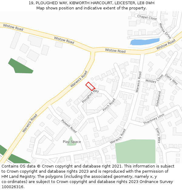19, PLOUGHED WAY, KIBWORTH HARCOURT, LEICESTER, LE8 0WH: Location map and indicative extent of plot