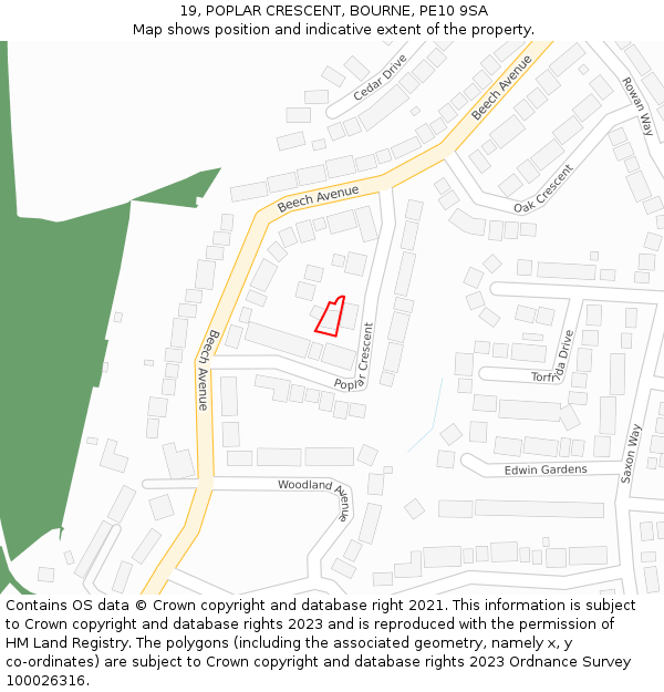 19, POPLAR CRESCENT, BOURNE, PE10 9SA: Location map and indicative extent of plot