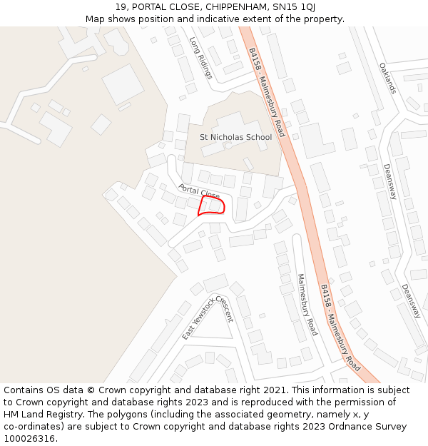 19, PORTAL CLOSE, CHIPPENHAM, SN15 1QJ: Location map and indicative extent of plot