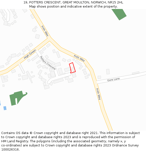 19, POTTERS CRESCENT, GREAT MOULTON, NORWICH, NR15 2HL: Location map and indicative extent of plot