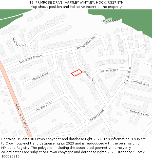 19, PRIMROSE DRIVE, HARTLEY WINTNEY, HOOK, RG27 8TN: Location map and indicative extent of plot