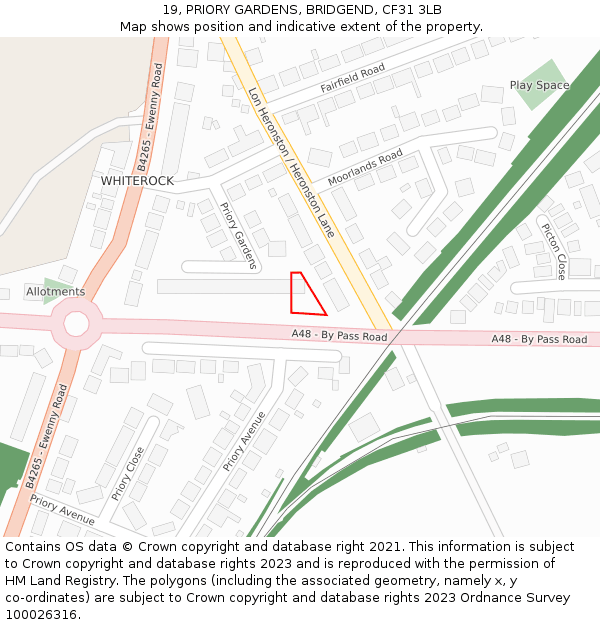 19, PRIORY GARDENS, BRIDGEND, CF31 3LB: Location map and indicative extent of plot