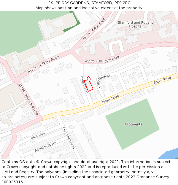 19, PRIORY GARDENS, STAMFORD, PE9 2EG: Location map and indicative extent of plot