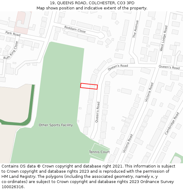 19, QUEENS ROAD, COLCHESTER, CO3 3PD: Location map and indicative extent of plot