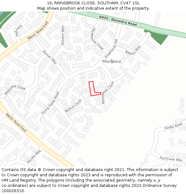 19, RAINSBROOK CLOSE, SOUTHAM, CV47 1GL: Location map and indicative extent of plot