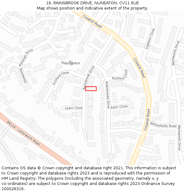 19, RAINSBROOK DRIVE, NUNEATON, CV11 6UE: Location map and indicative extent of plot