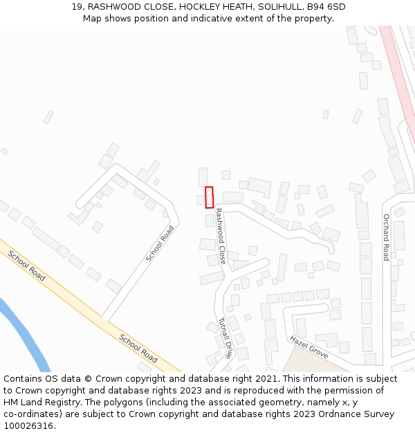 19, RASHWOOD CLOSE, HOCKLEY HEATH, SOLIHULL, B94 6SD: Location map and indicative extent of plot