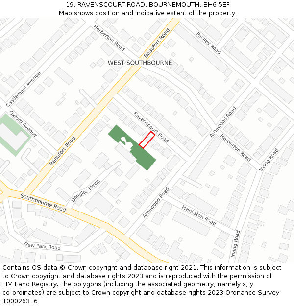 19, RAVENSCOURT ROAD, BOURNEMOUTH, BH6 5EF: Location map and indicative extent of plot