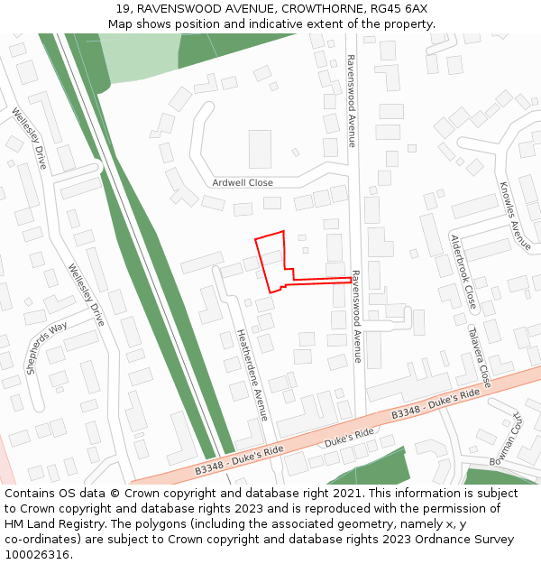 19, RAVENSWOOD AVENUE, CROWTHORNE, RG45 6AX: Location map and indicative extent of plot