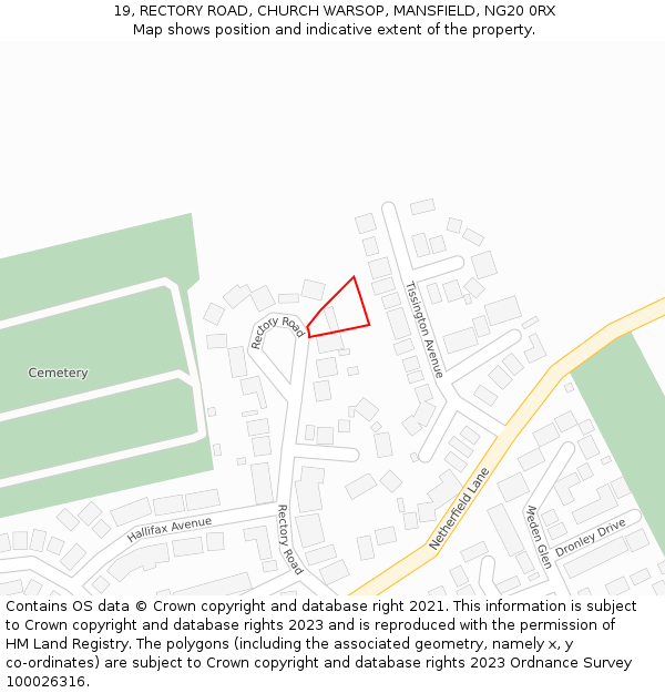 19, RECTORY ROAD, CHURCH WARSOP, MANSFIELD, NG20 0RX: Location map and indicative extent of plot