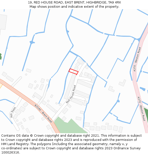 19, RED HOUSE ROAD, EAST BRENT, HIGHBRIDGE, TA9 4RX: Location map and indicative extent of plot