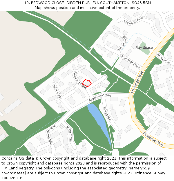 19, REDWOOD CLOSE, DIBDEN PURLIEU, SOUTHAMPTON, SO45 5SN: Location map and indicative extent of plot