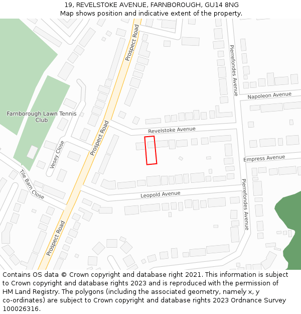 19, REVELSTOKE AVENUE, FARNBOROUGH, GU14 8NG: Location map and indicative extent of plot