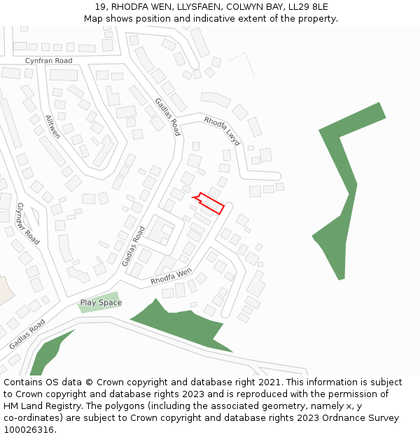 19, RHODFA WEN, LLYSFAEN, COLWYN BAY, LL29 8LE: Location map and indicative extent of plot