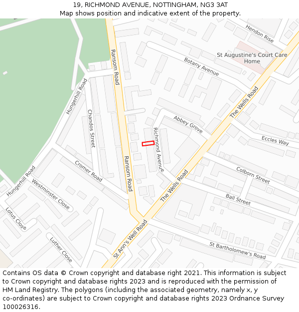 19, RICHMOND AVENUE, NOTTINGHAM, NG3 3AT: Location map and indicative extent of plot