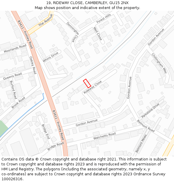 19, RIDEWAY CLOSE, CAMBERLEY, GU15 2NX: Location map and indicative extent of plot