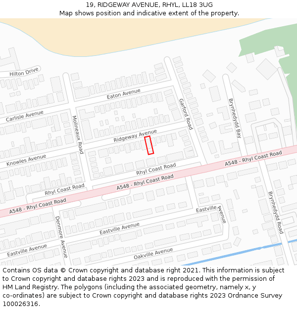 19, RIDGEWAY AVENUE, RHYL, LL18 3UG: Location map and indicative extent of plot