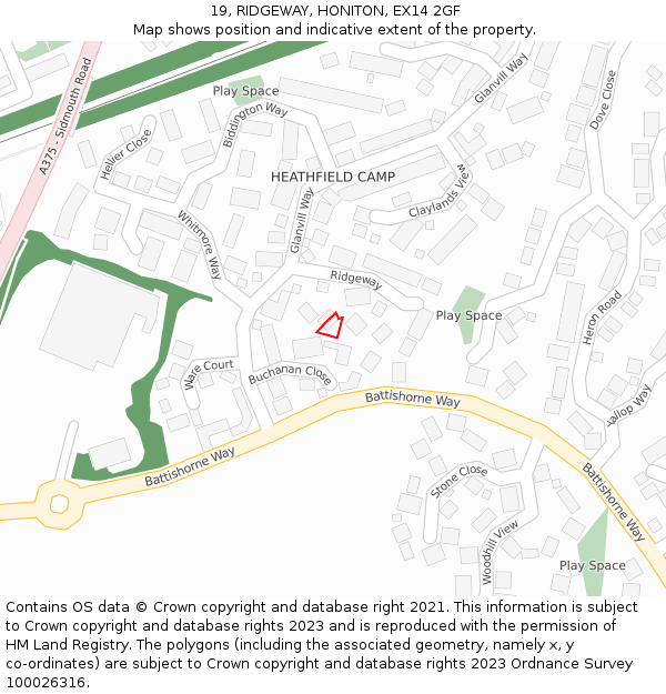 19, RIDGEWAY, HONITON, EX14 2GF: Location map and indicative extent of plot
