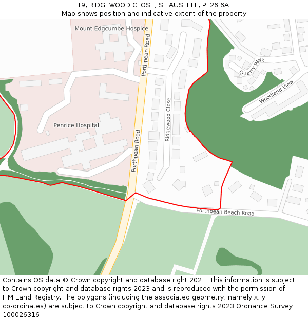 19, RIDGEWOOD CLOSE, ST AUSTELL, PL26 6AT: Location map and indicative extent of plot