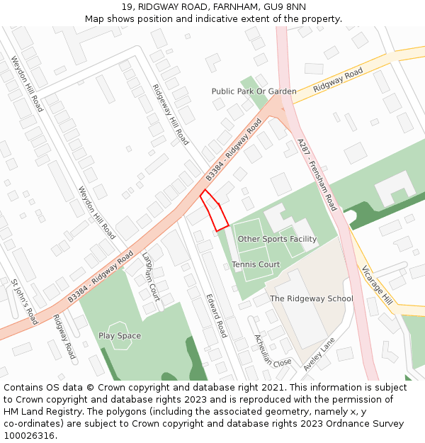 19, RIDGWAY ROAD, FARNHAM, GU9 8NN: Location map and indicative extent of plot