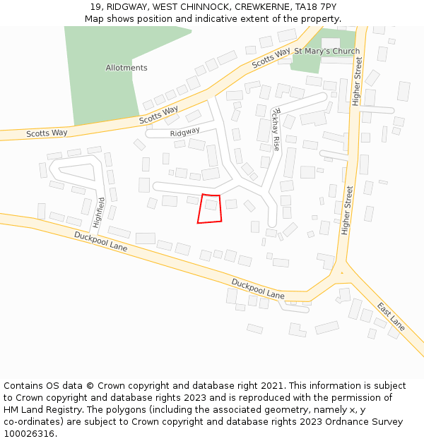 19, RIDGWAY, WEST CHINNOCK, CREWKERNE, TA18 7PY: Location map and indicative extent of plot