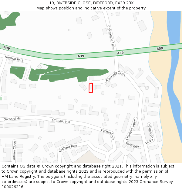 19, RIVERSIDE CLOSE, BIDEFORD, EX39 2RX: Location map and indicative extent of plot