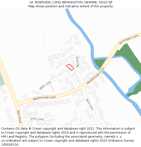 19, RIVERVIEW, LONG BENNINGTON, NEWARK, NG23 5JF: Location map and indicative extent of plot