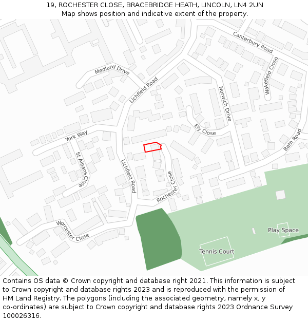 19, ROCHESTER CLOSE, BRACEBRIDGE HEATH, LINCOLN, LN4 2UN: Location map and indicative extent of plot