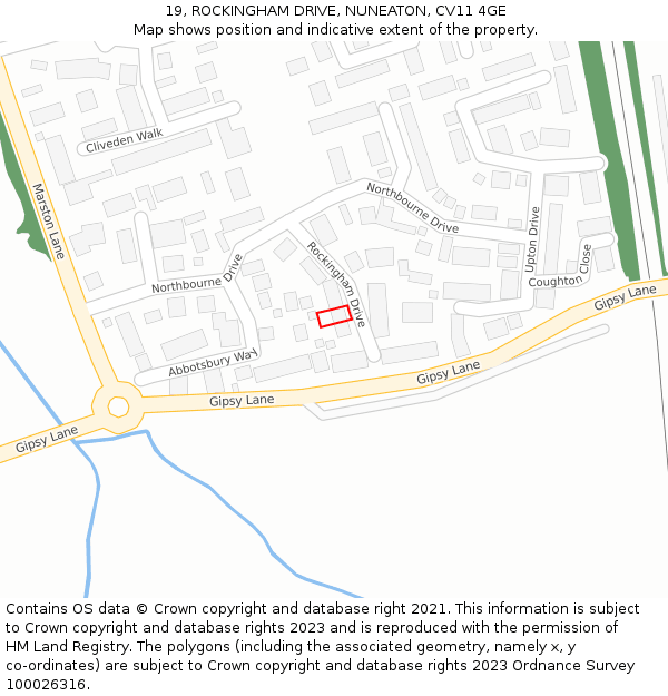 19, ROCKINGHAM DRIVE, NUNEATON, CV11 4GE: Location map and indicative extent of plot