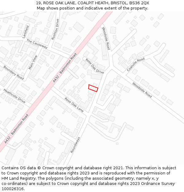 19, ROSE OAK LANE, COALPIT HEATH, BRISTOL, BS36 2QX: Location map and indicative extent of plot