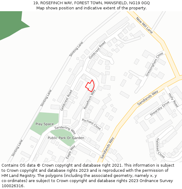 19, ROSEFINCH WAY, FOREST TOWN, MANSFIELD, NG19 0GQ: Location map and indicative extent of plot
