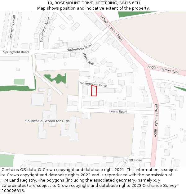 19, ROSEMOUNT DRIVE, KETTERING, NN15 6EU: Location map and indicative extent of plot