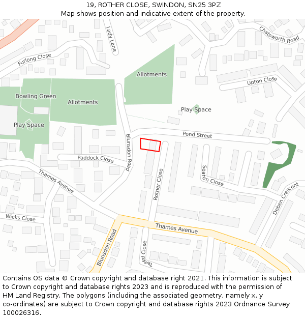 19, ROTHER CLOSE, SWINDON, SN25 3PZ: Location map and indicative extent of plot