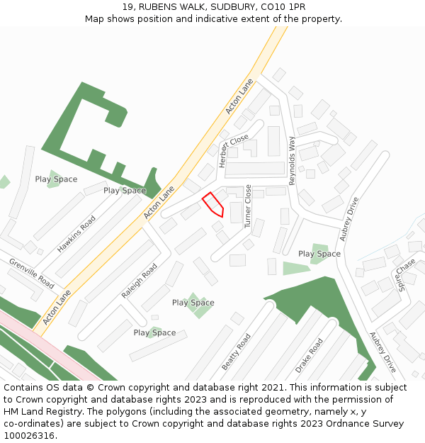 19, RUBENS WALK, SUDBURY, CO10 1PR: Location map and indicative extent of plot