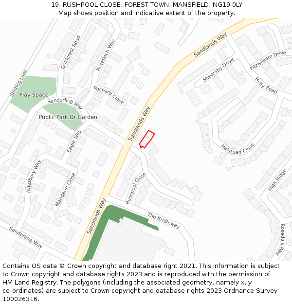 19, RUSHPOOL CLOSE, FOREST TOWN, MANSFIELD, NG19 0LY: Location map and indicative extent of plot