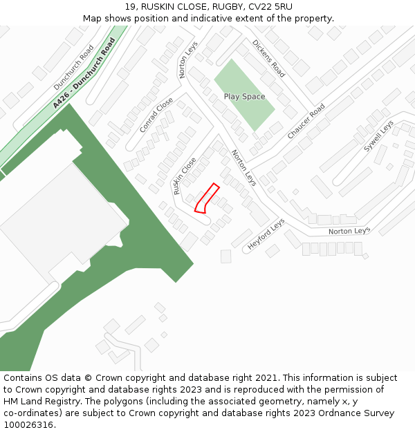 19, RUSKIN CLOSE, RUGBY, CV22 5RU: Location map and indicative extent of plot