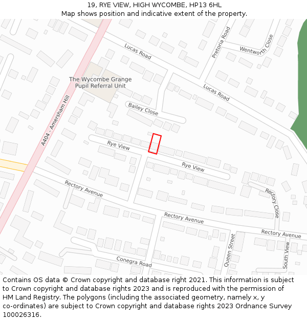 19, RYE VIEW, HIGH WYCOMBE, HP13 6HL: Location map and indicative extent of plot