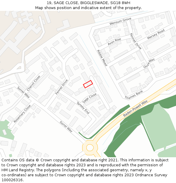 19, SAGE CLOSE, BIGGLESWADE, SG18 8WH: Location map and indicative extent of plot