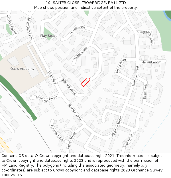 19, SALTER CLOSE, TROWBRIDGE, BA14 7TD: Location map and indicative extent of plot