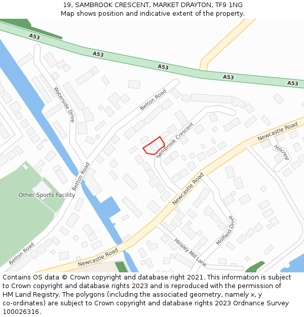 19, SAMBROOK CRESCENT, MARKET DRAYTON, TF9 1NG: Location map and indicative extent of plot